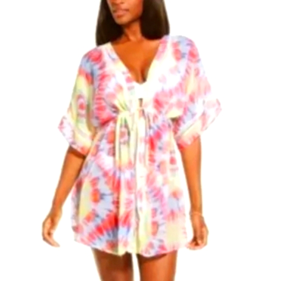 Miken Swim Tie Dye Lace Trim Tie Front Coverup Kimono - Picture 2 of 12